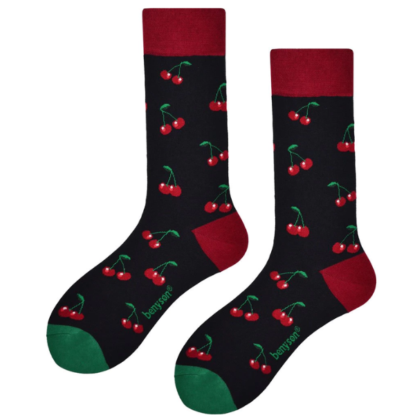 Pánske Ponožky BENYSON organická bavlna, veselá téma višne, čierna, červená
